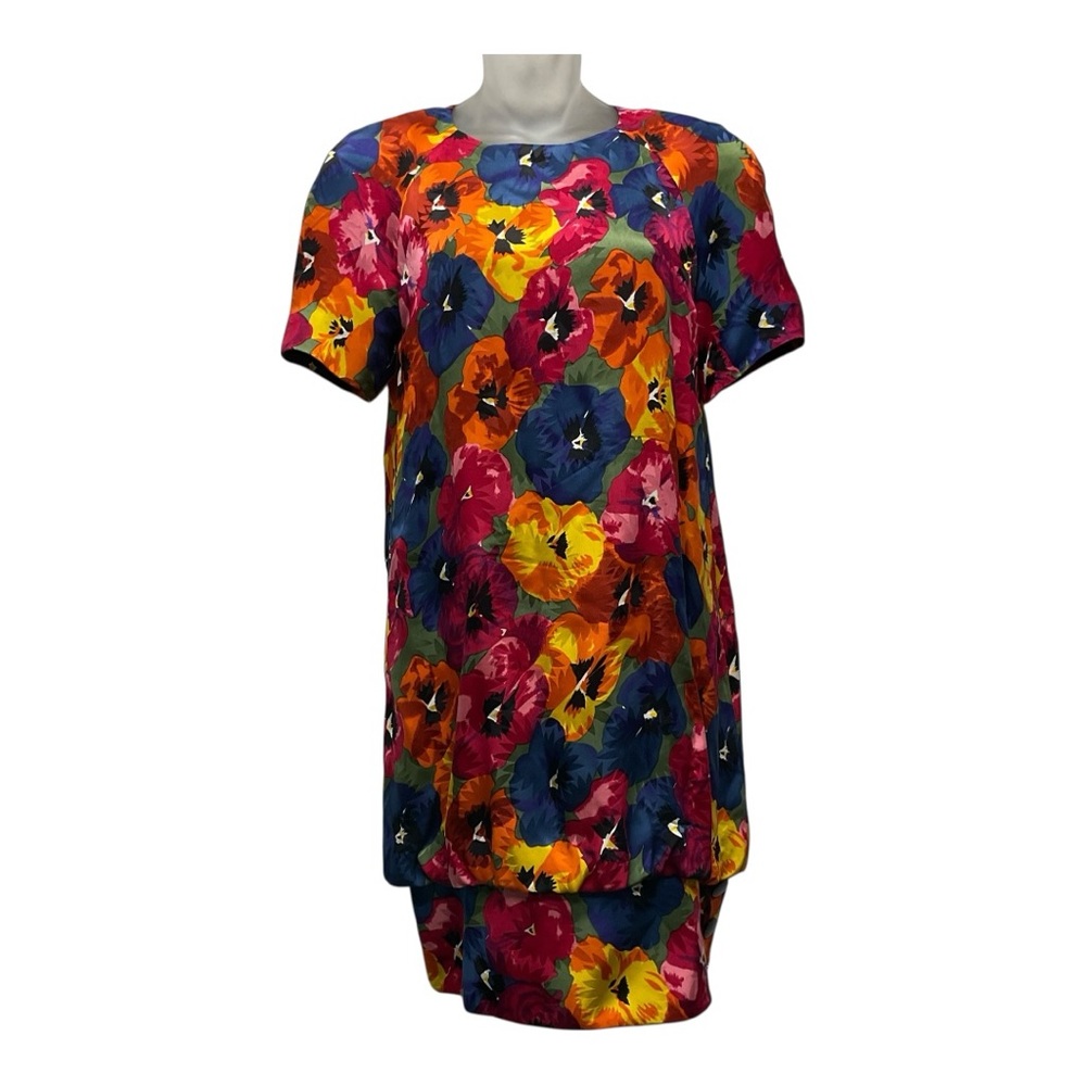 Nipon Boutique Silk Floral Blouson Dress Size 6 Multicolor 70s Vintage Bold